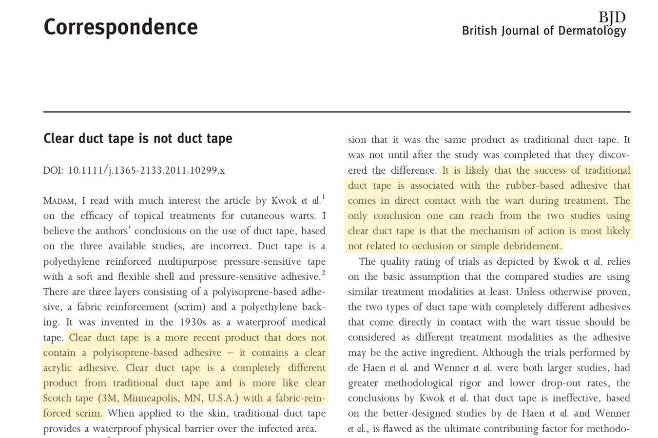 Treating Warts:  Clear Duct Tape Is Not Duct Tape…